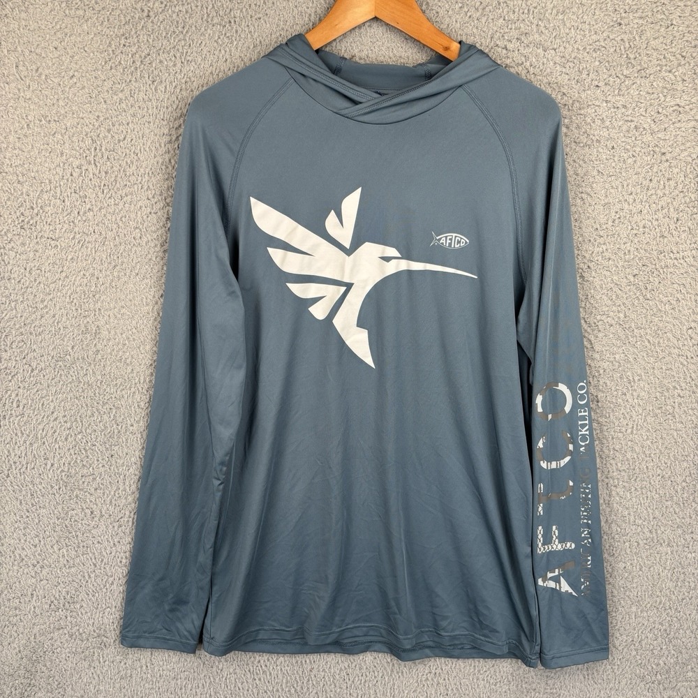 AFTCO Hoodie Mens Medium Blue Fishing UV Sun Shirt Hummingbird Graphic
